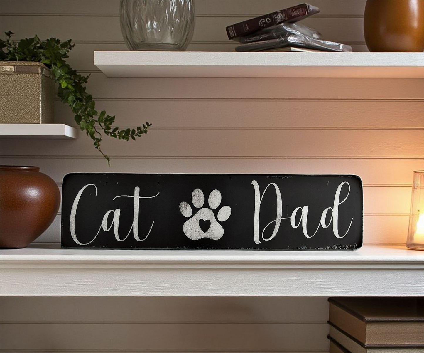 Handcrafted Wood Cat Mom / Cat Dad Sign – Rustic Farmhouse Wall Decor with Paw Print & Heart - Wood Painted Cat Sign