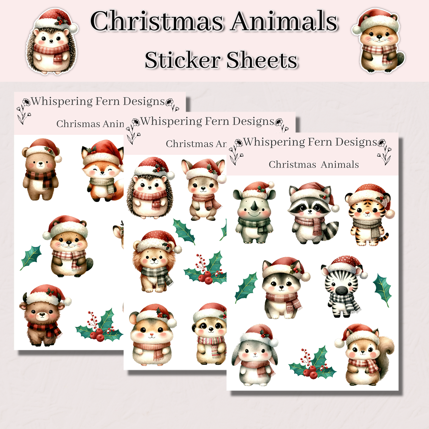 Christmas Animal Sticker Sheet | Cute Holiday Stickers with Santa Hats | Winter Planner Stickers