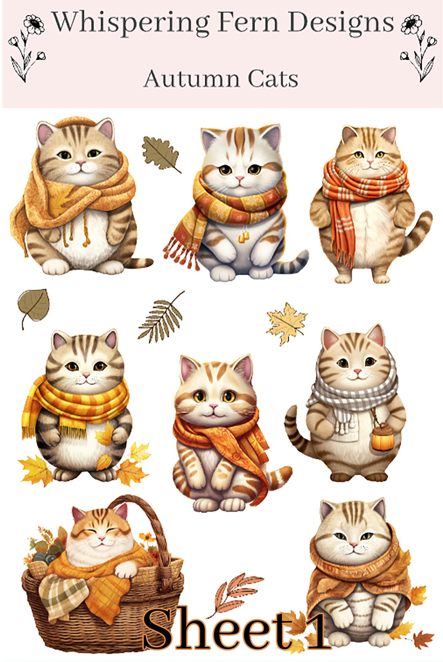Autumn Cat Sticker Sheet | Cute Cats in Cozy Scarves | Fall Planner Stickers, Journaling, Scrapbooking