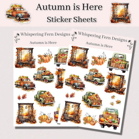 Autumn is Here Sticker Sheet | Vintage Fall Truck Stickers with Pumpkins, Fruits & Autumn Scenes | Cozy Planner Stickers | Harvest Stickers