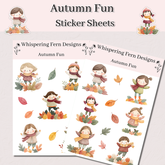 Autumn Fun Sticker Sheet | Cute Kids Playing in Leaves | Cozy Fall Planner Stickers, Journaling, Scrapbooking | Watercolor