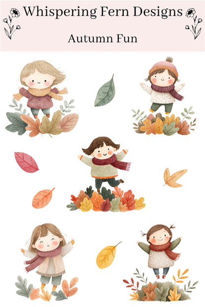 Autumn Fun Sticker Sheet | Cute Kids Playing in Leaves | Cozy Fall Planner Stickers, Journaling, Scrapbooking | Watercolor