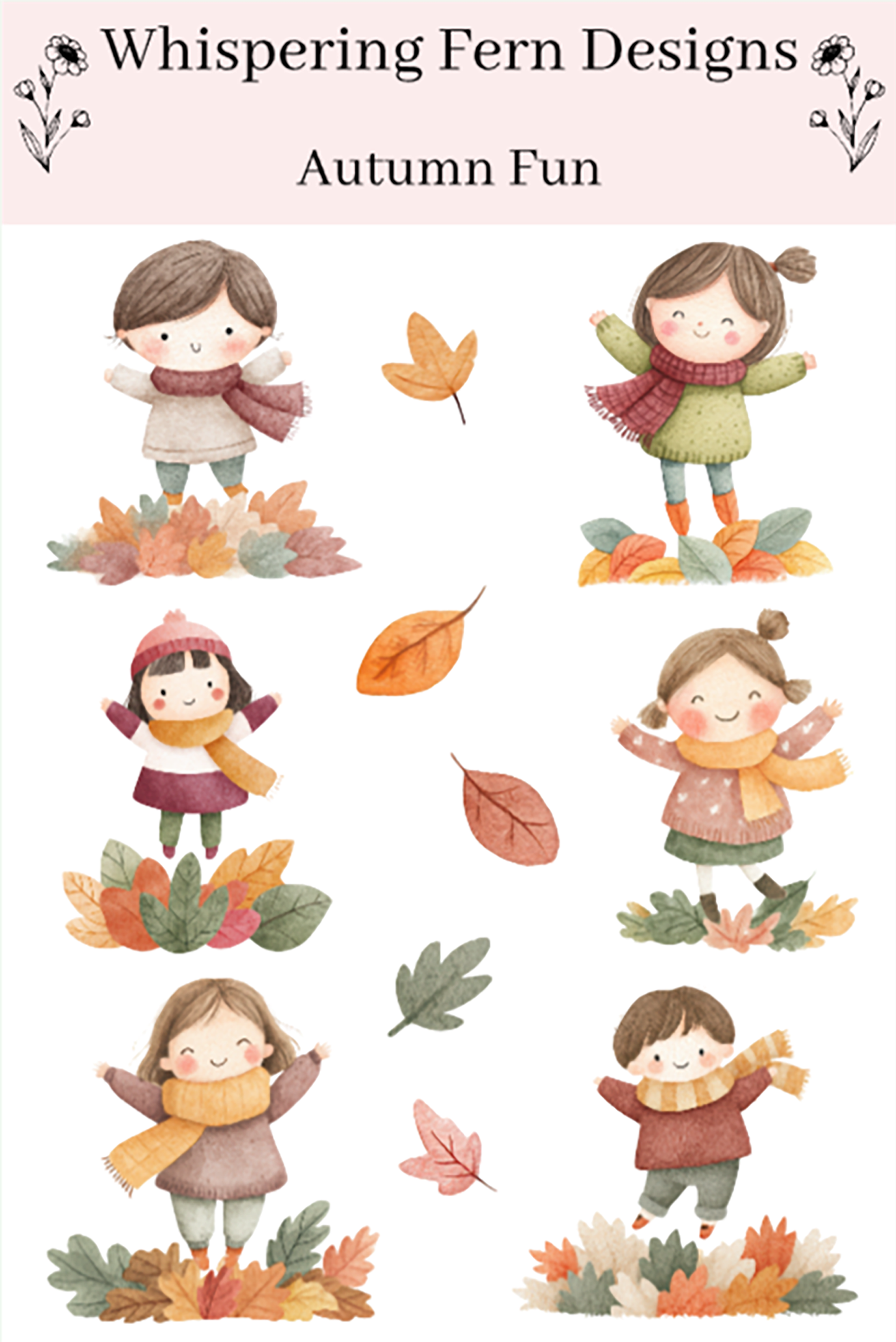Autumn Fun Sticker Sheet | Cute Kids Playing in Leaves | Cozy Fall Planner Stickers, Journaling, Scrapbooking | Watercolor