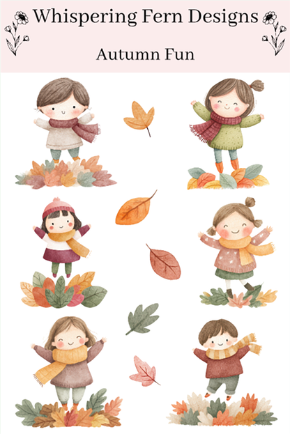 Autumn Fun Sticker Sheet | Cute Kids Playing in Leaves | Cozy Fall Planner Stickers, Journaling, Scrapbooking | Watercolor