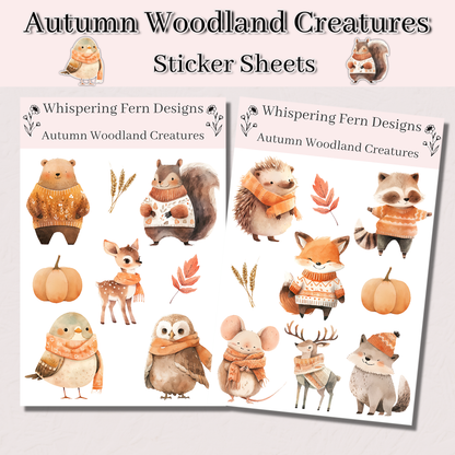 Autumn Woodland Creature Sticker Sheet | Cute Animals in Cozy Clothes | Fall & Winter Stickers for Planners, Journaling, Scrapbooking