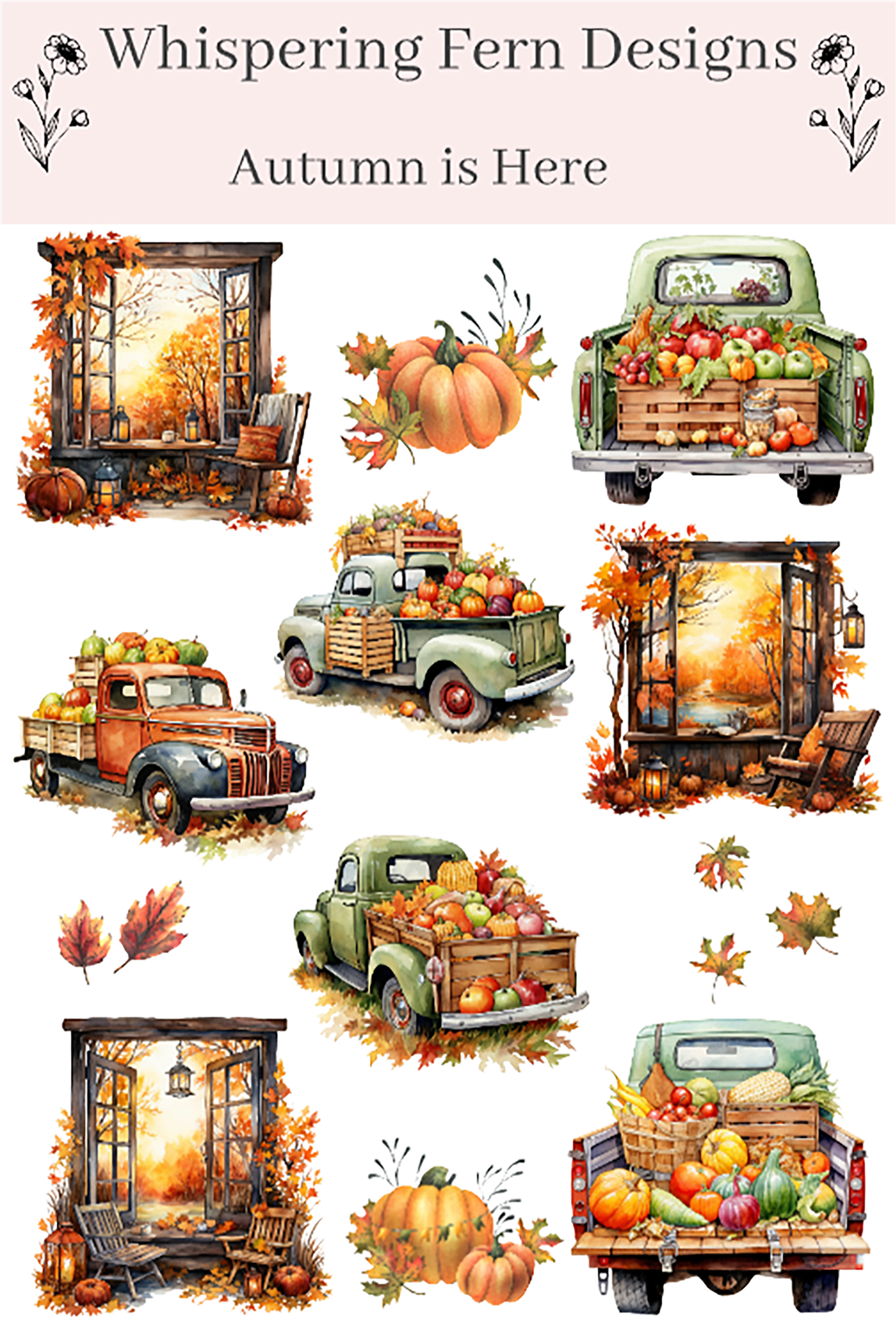 Autumn is Here Sticker Sheet | Vintage Fall Truck Stickers with Pumpkins, Fruits & Autumn Scenes | Cozy Planner Stickers | Harvest Stickers