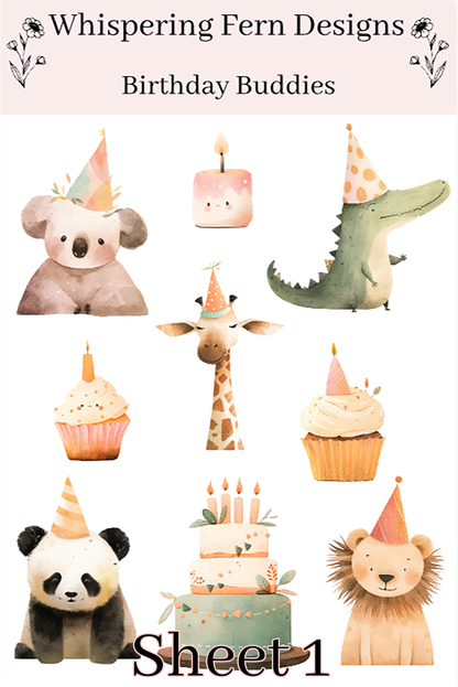 Birthday Buddies Animal Sticker Sheet – Cute Party Stickers for Planners, Cards & Crafts
