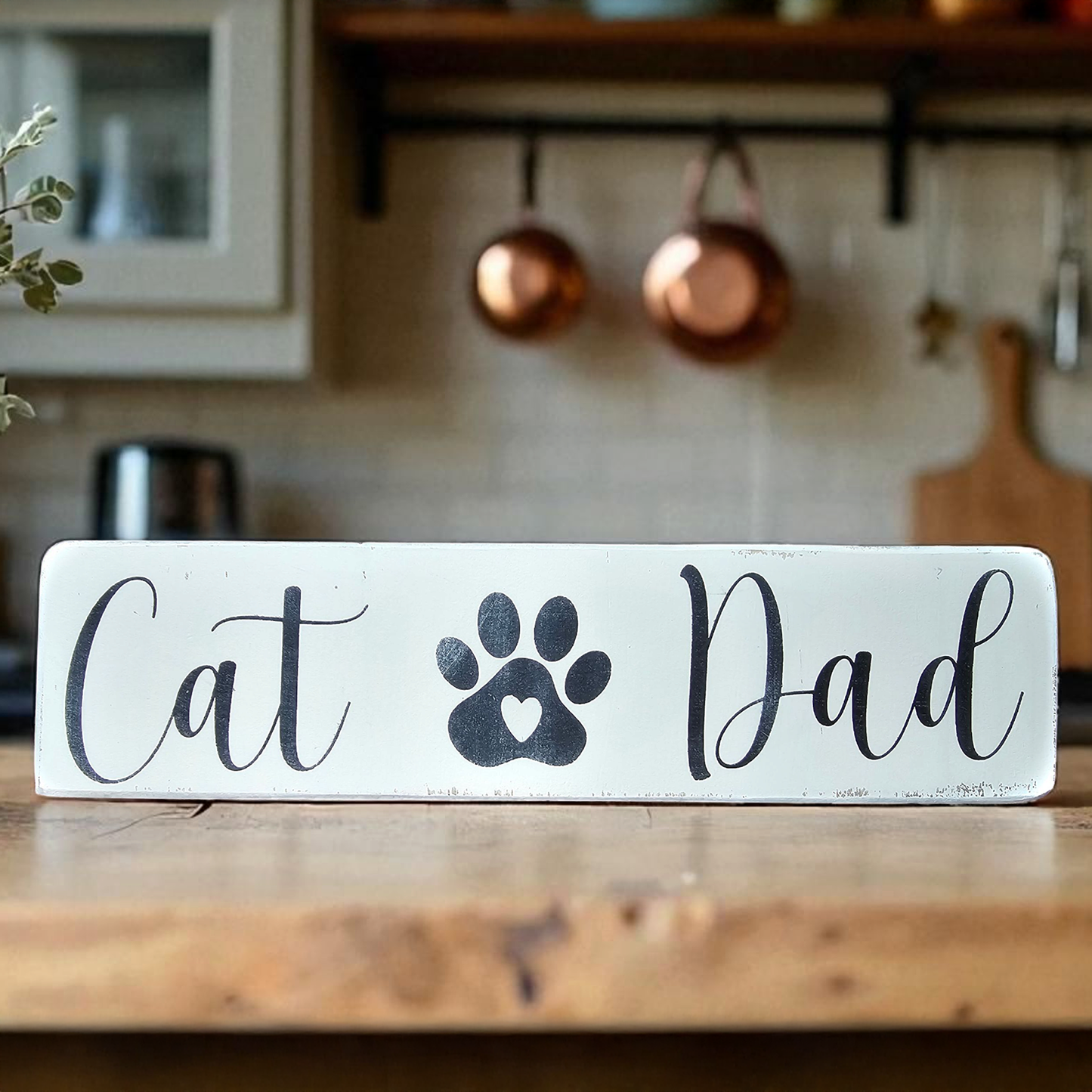 Handcrafted Wood Cat Mom / Cat Dad Sign – Rustic Farmhouse Wall Decor with Paw Print & Heart - Wood Painted Cat Sign