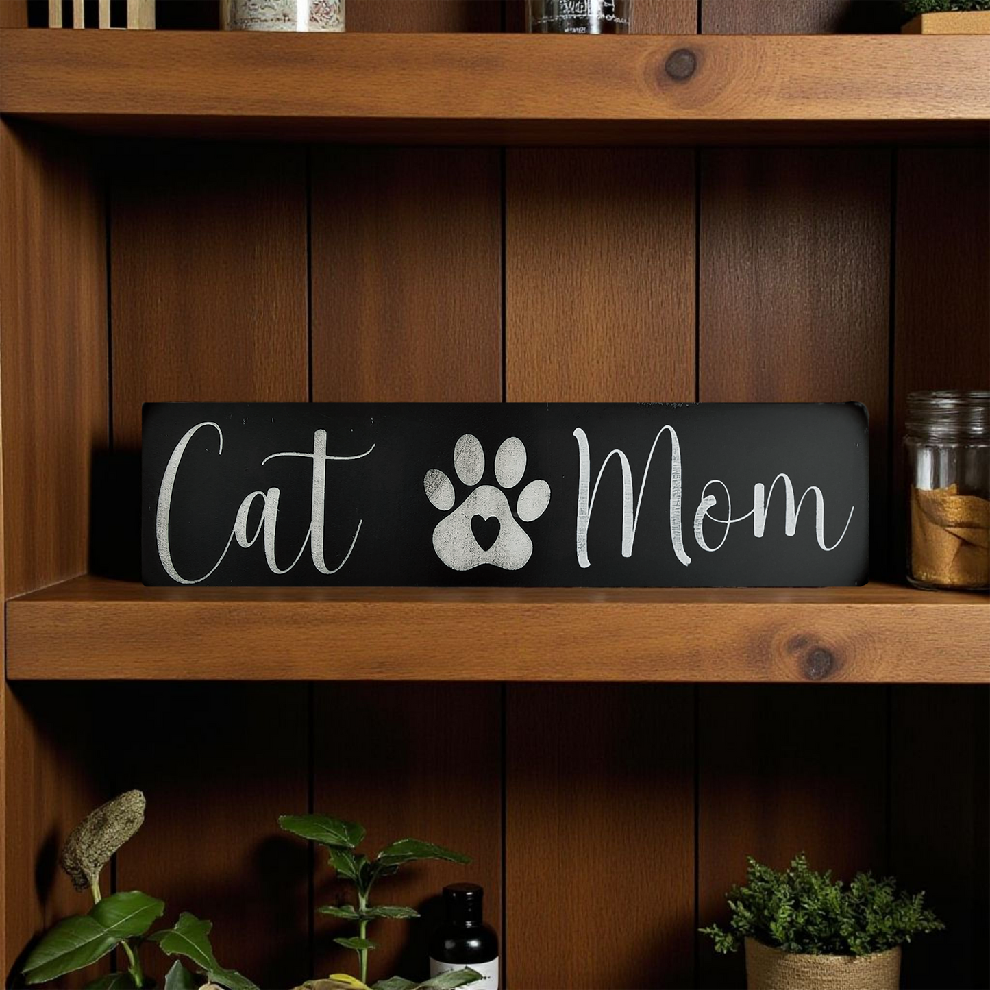 Handcrafted Wood Cat Mom / Cat Dad Sign – Rustic Farmhouse Wall Decor with Paw Print & Heart - Wood Painted Cat Sign