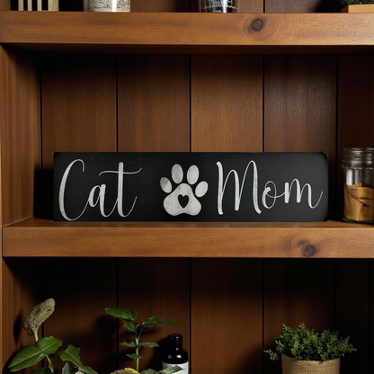 Handcrafted Wood Cat Mom / Cat Dad Sign – Rustic Farmhouse Wall Decor with Paw Print & Heart - Wood Painted Cat Sign