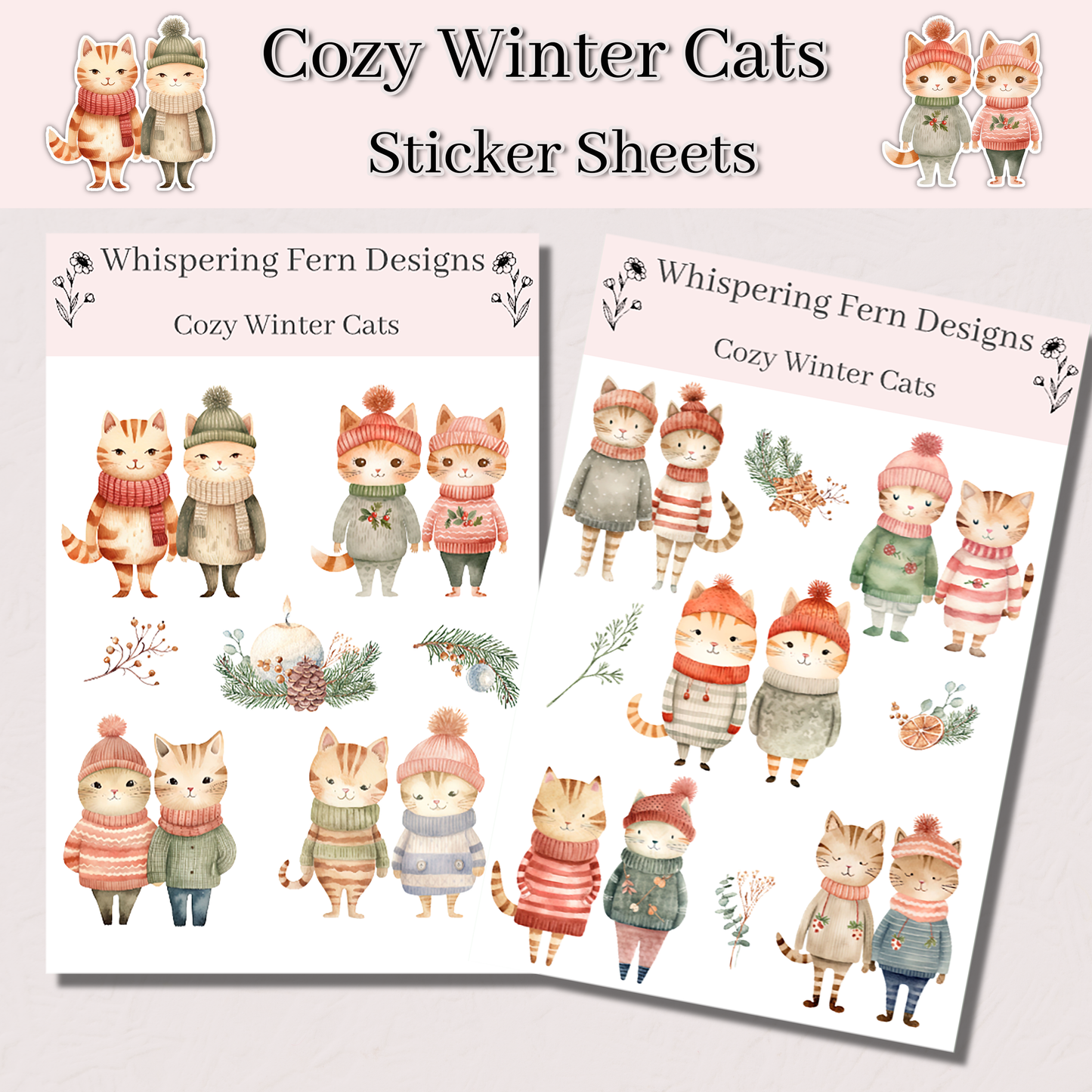 Cozy Winter Cat Couple Sticker Sheet | Cute Cats in Sweaters | Romantic Winter Stickers for Journaling, Scrapbooking, Planners