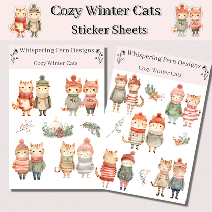 Cozy Winter Cat Couple Sticker Sheet | Cute Cats in Sweaters | Romantic Winter Stickers for Journaling, Scrapbooking, Planners