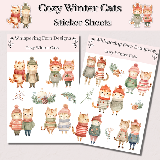 Cozy Winter Cat Couple Sticker Sheet | Cute Cats in Sweaters | Romantic Winter Stickers for Journaling, Scrapbooking, Planners