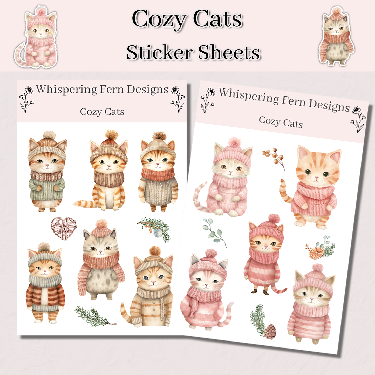 Cozy Cat Sticker Sheet | Cute Cats in Cozy Scarves | Fall Planner Stickers, Journaling, Scrapbooking