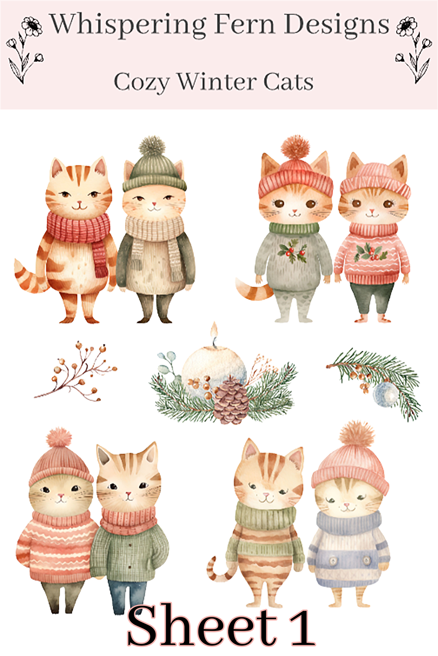 Cozy Winter Cat Couple Sticker Sheet | Cute Cats in Sweaters | Romantic Winter Stickers for Journaling, Scrapbooking, Planners