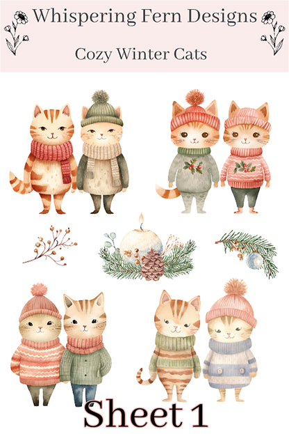 Cozy Winter Cat Couple Sticker Sheet | Cute Cats in Sweaters | Romantic Winter Stickers for Journaling, Scrapbooking, Planners