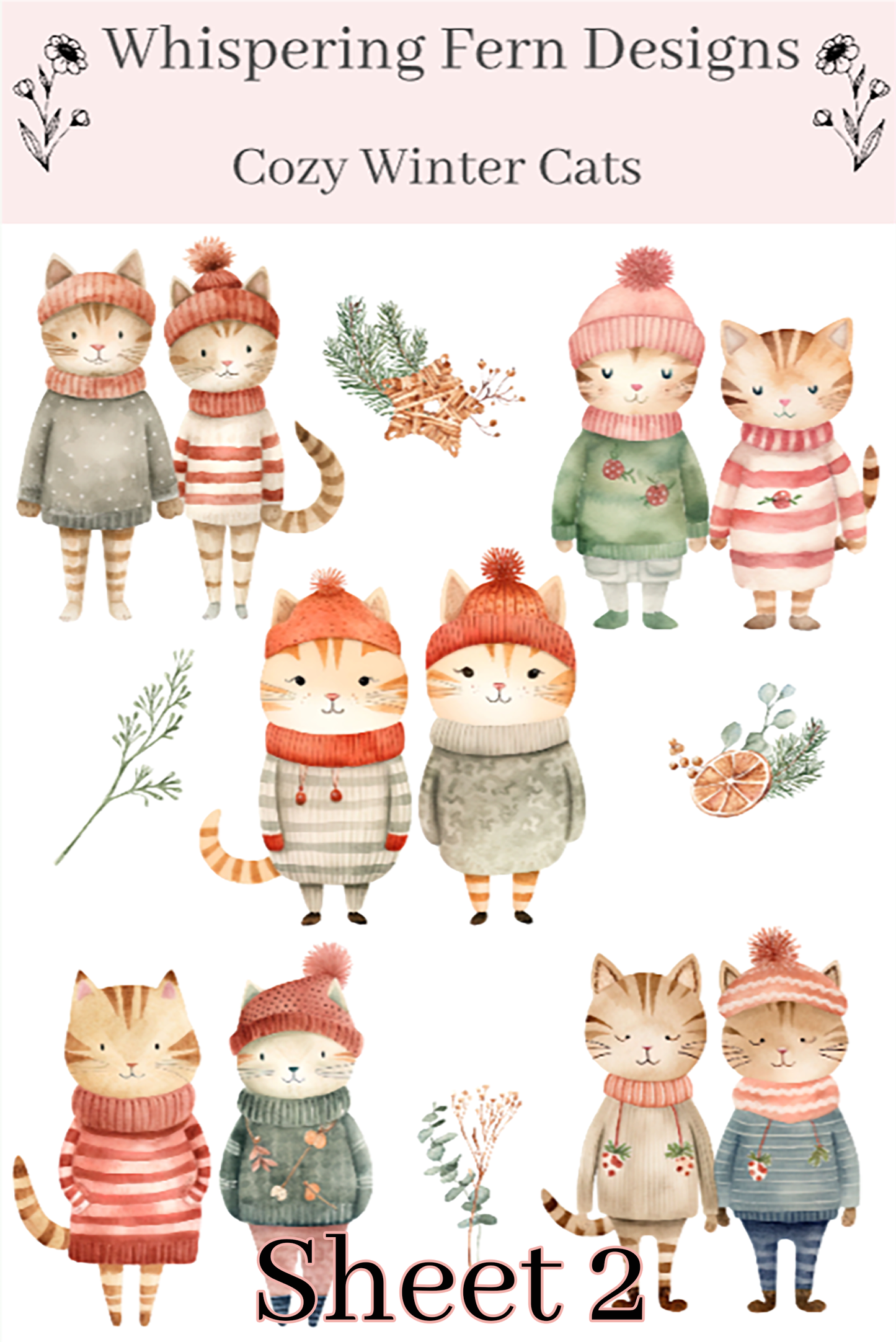 Cozy Winter Cat Couple Sticker Sheet | Cute Cats in Sweaters | Romantic Winter Stickers for Journaling, Scrapbooking, Planners