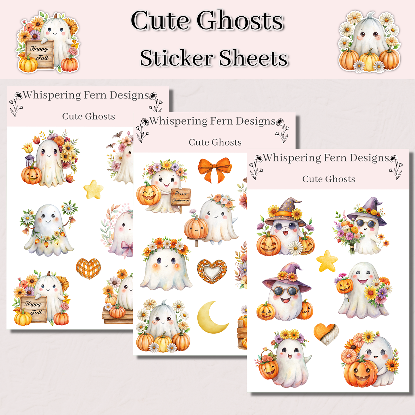 Cute Ghost Sticker Sheet | Halloween Ghost Stickers with Flowers & Pumpkins | Spooky Cute Planner Stickers, Scrapbooking, Laptop