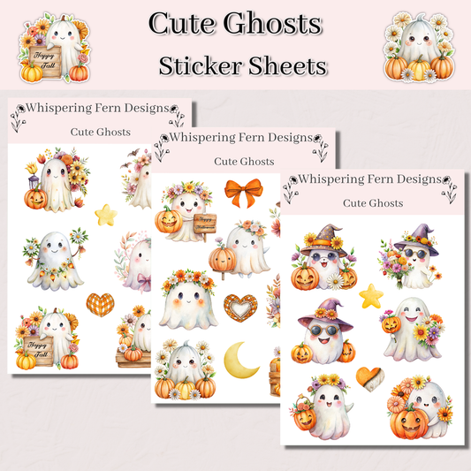 Cute Ghost Sticker Sheet | Halloween Ghost Stickers with Flowers & Pumpkins | Spooky Cute Planner Stickers, Scrapbooking, Laptop