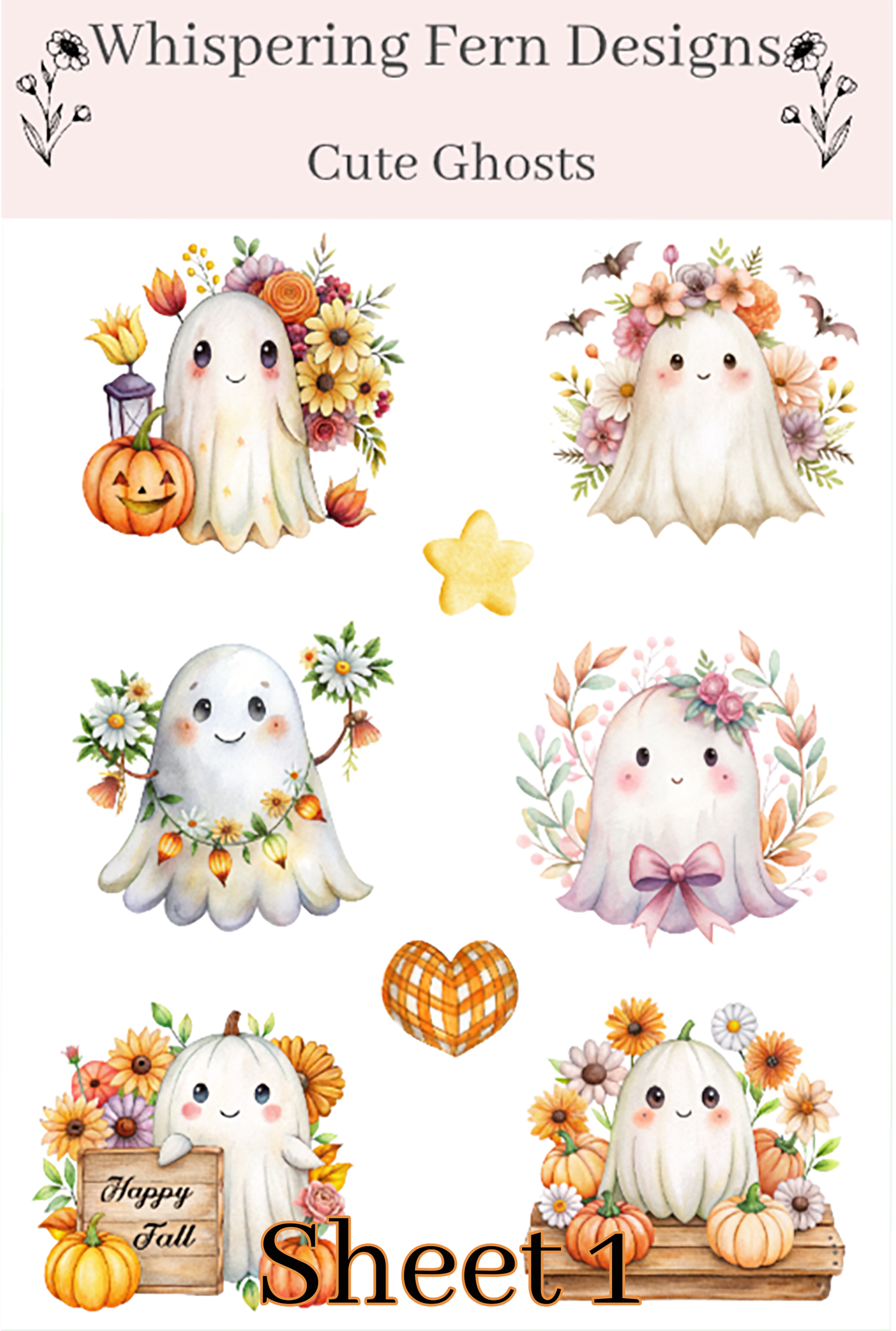 Cute Ghost Sticker Sheet | Halloween Ghost Stickers with Flowers & Pumpkins | Spooky Cute Planner Stickers, Scrapbooking, Laptop