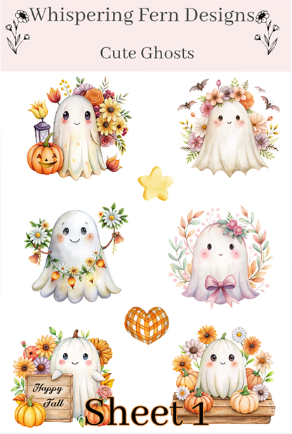 Cute Ghost Sticker Sheet | Halloween Ghost Stickers with Flowers & Pumpkins | Spooky Cute Planner Stickers, Scrapbooking, Laptop