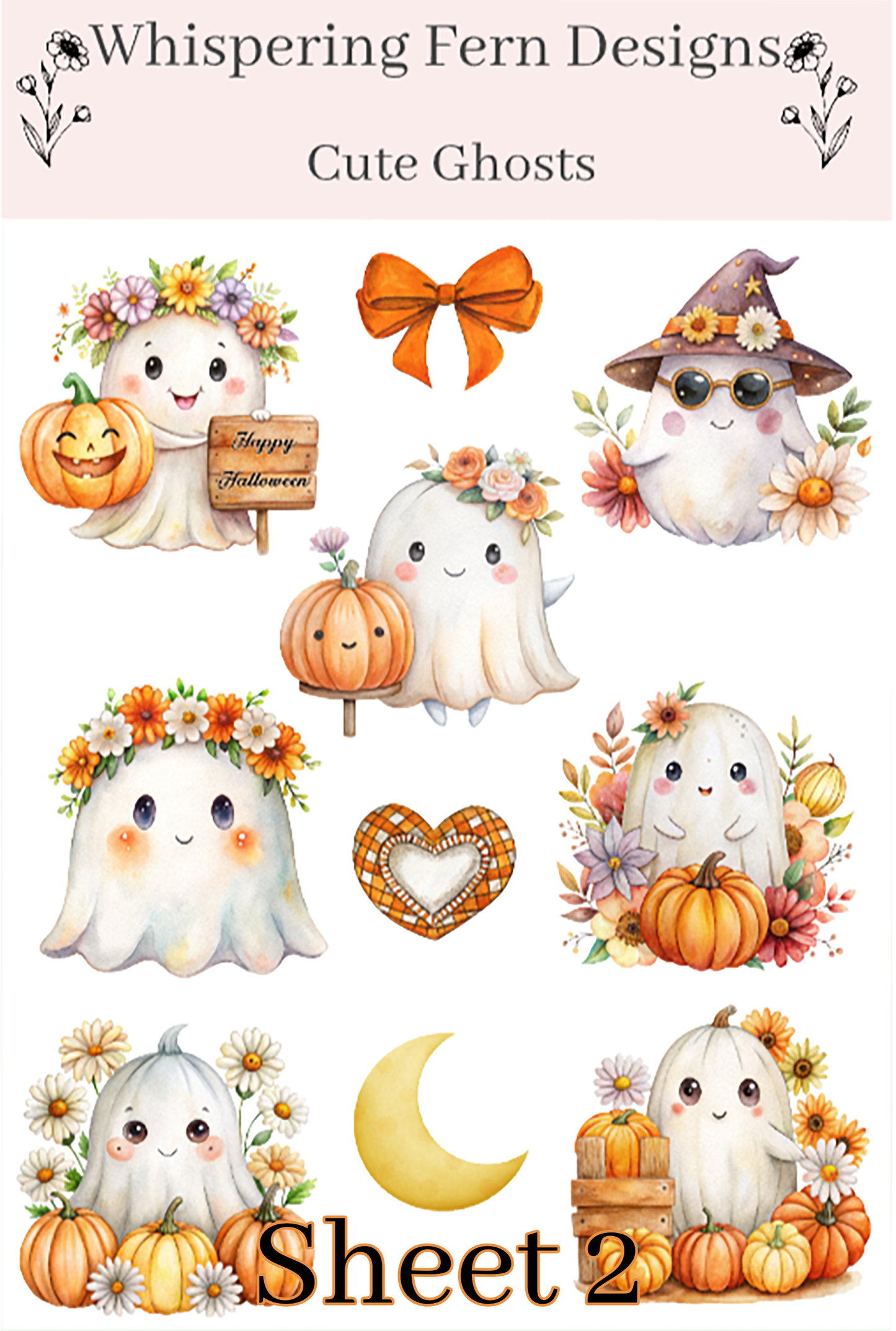 Cute Ghost Sticker Sheet | Halloween Ghost Stickers with Flowers & Pumpkins | Spooky Cute Planner Stickers, Scrapbooking, Laptop
