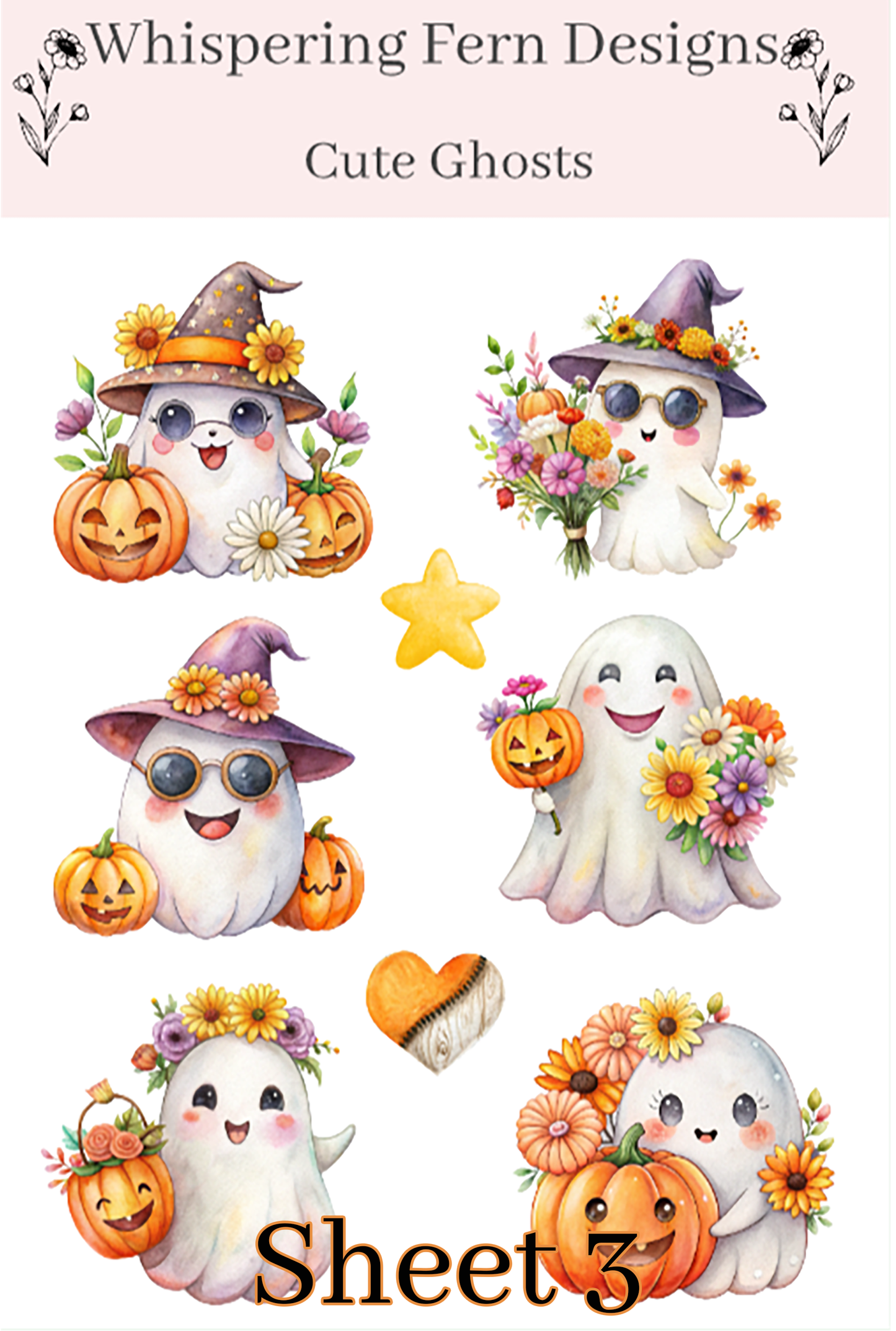 Cute Ghost Sticker Sheet | Halloween Ghost Stickers with Flowers & Pumpkins | Spooky Cute Planner Stickers, Scrapbooking, Laptop