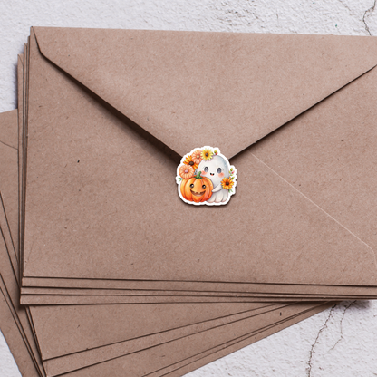 Cute Ghost Sticker Sheet | Halloween Ghost Stickers with Flowers & Pumpkins | Spooky Cute Planner Stickers, Scrapbooking, Laptop
