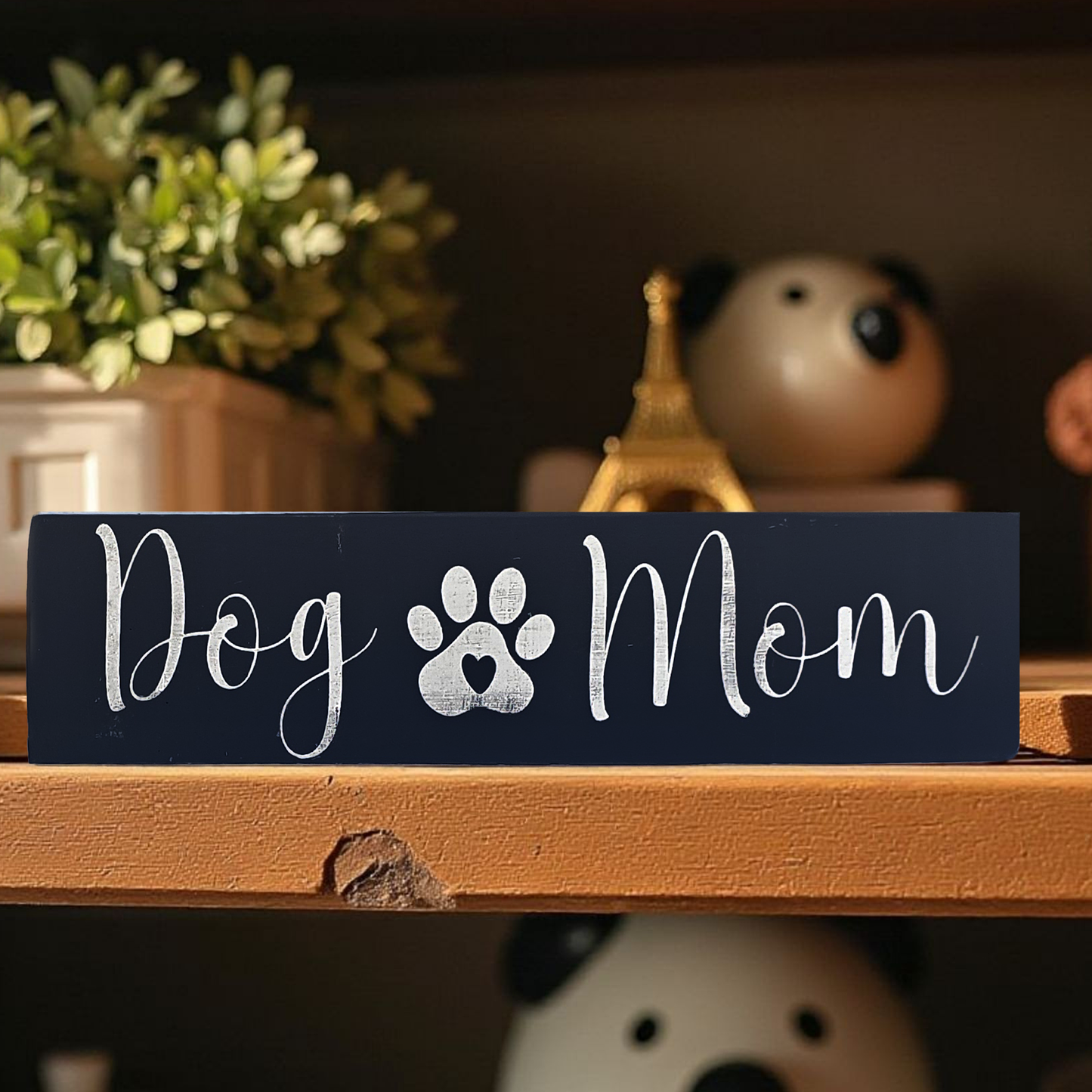 Handcrafted Wood Dog Mom / Dog Dad Sign – Rustic Farmhouse Wall Decor with Paw Print & Heart - Wood Painted Dog Sign -  Black or White
