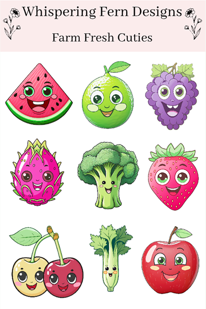Farm Fresh Cuties Sticker Sheet | Cute Fruit & Veggie Stickers | Kawaii Produce Pals | Happy Food Planner Stickers for Journals