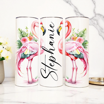 Personalized Flamingo Tumbler – 20 oz Stainless Steel Cup with 2 Flamingos & Custom Name – Tropical Gift, Summer Drinkware, Beach Vibes Cup