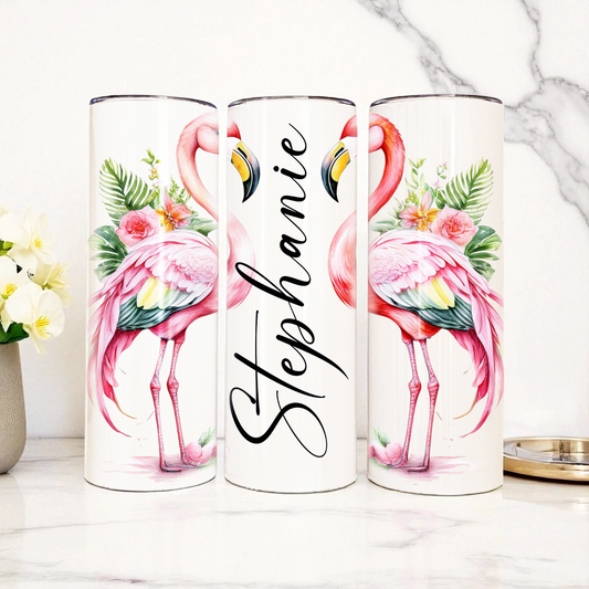 Personalized Flamingo Tumbler – 20 oz Stainless Steel Cup with 2 Flamingos & Custom Name – Tropical Gift, Summer Drinkware, Beach Vibes Cup