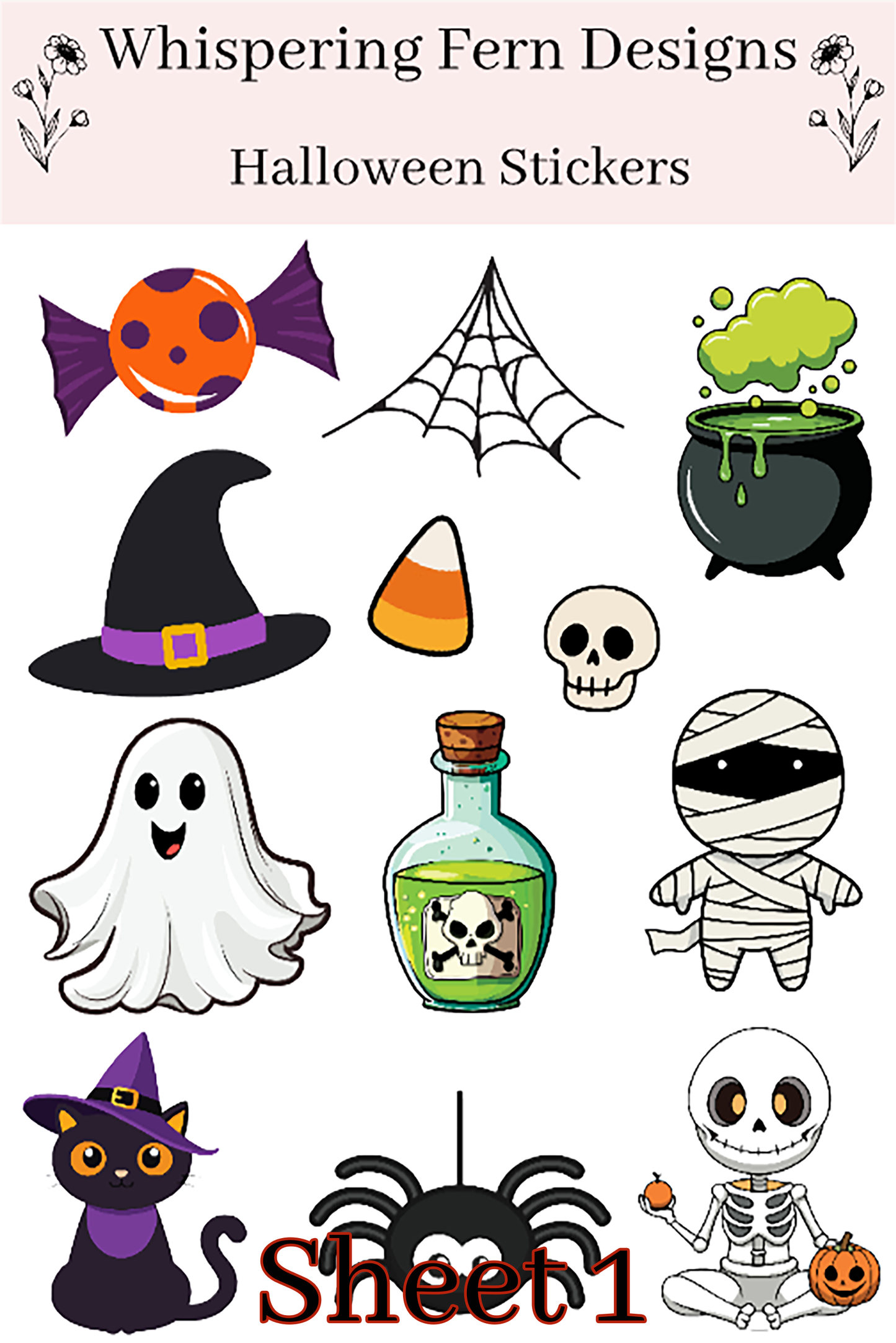 Halloween Sticker Sheet | Cute Halloween – Cute Ghosts, Candy and Spooky Fun Stickers for Journals, Planners & Crafts | Scrapbooking