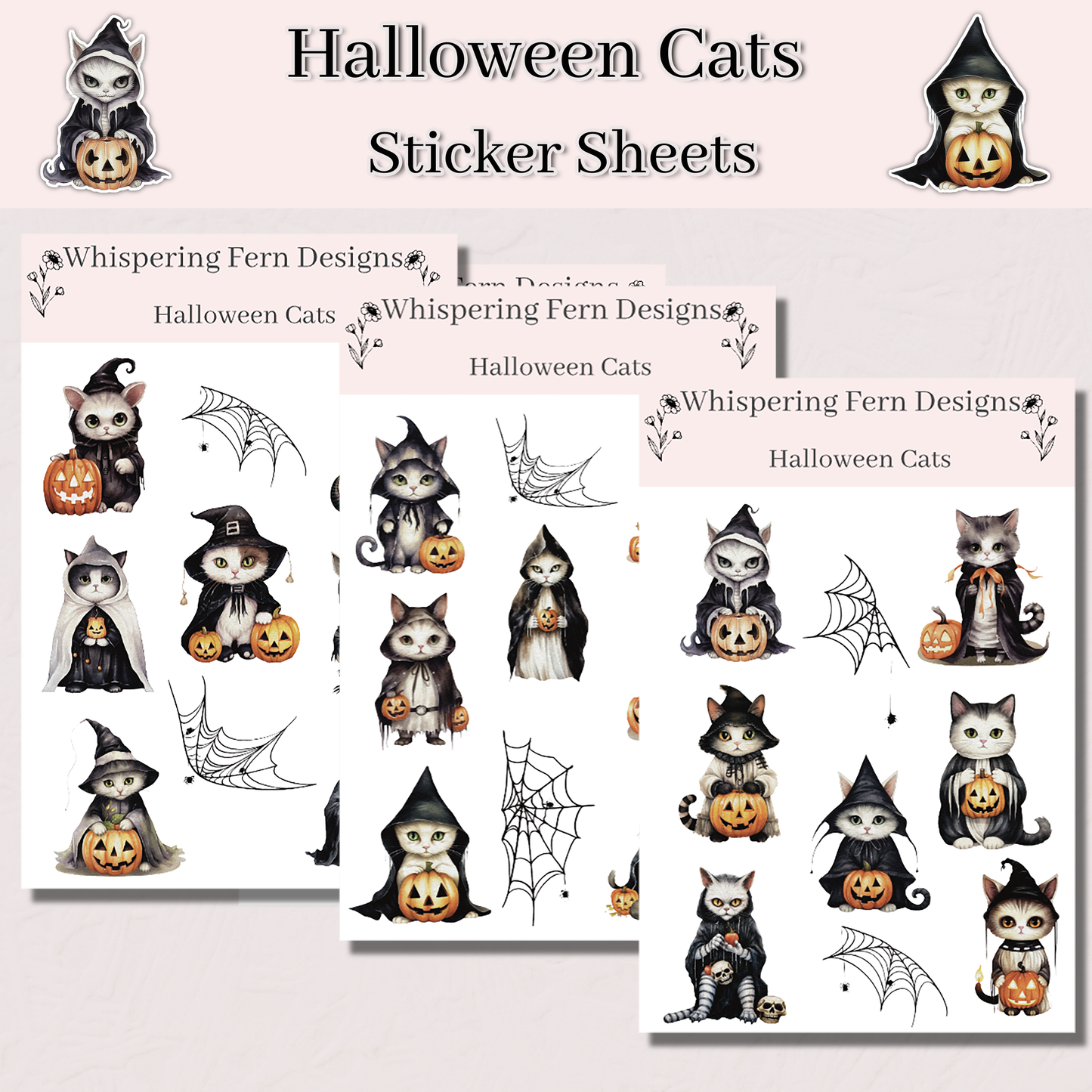 Halloween Cat Sticker Sheet | Cute & Creepy Witch Cats | Spooky Planner, Journaling, Scrapbooking Stickers