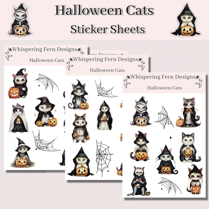 Halloween Cat Sticker Sheet | Cute & Creepy Witch Cats | Spooky Planner, Journaling, Scrapbooking Stickers