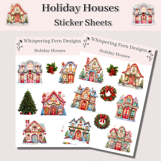 Holiday Houses Sticker Sheet | Cute Christmas House Stickers with Wreaths, Trees & Presents | Winter Planner Stickers
