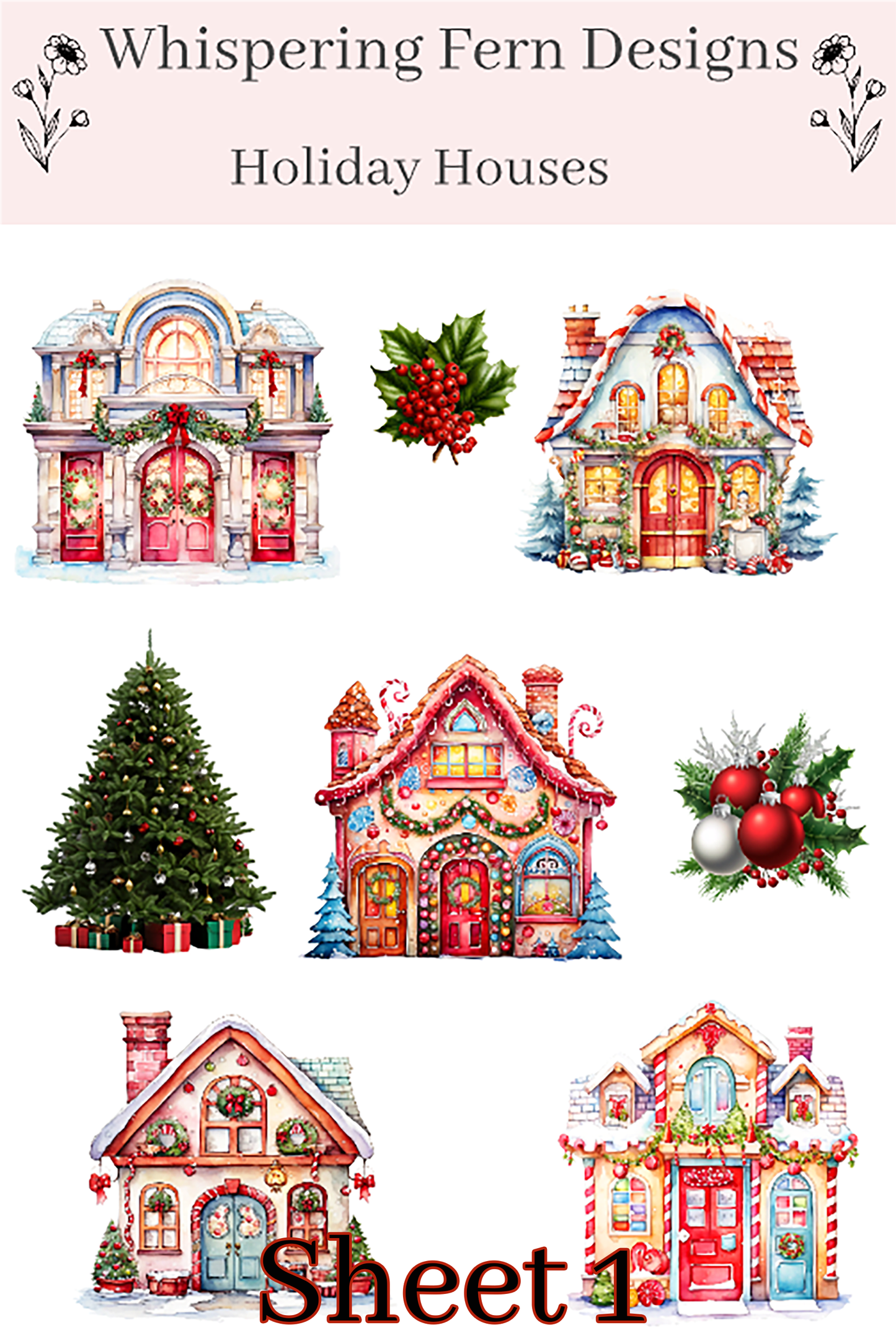 Holiday Houses Sticker Sheet | Cute Christmas House Stickers with Wreaths, Trees & Presents | Winter Planner Stickers
