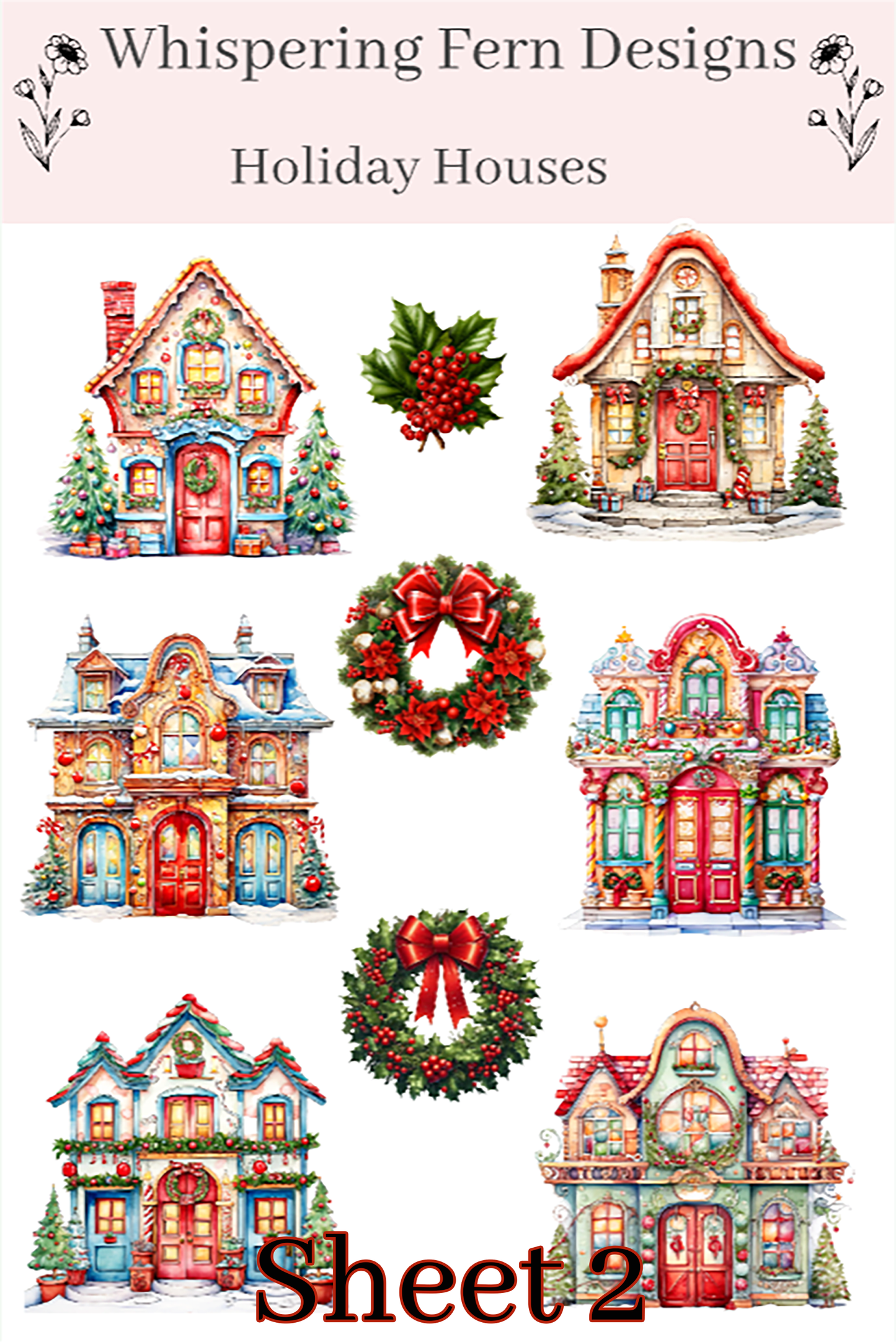 Holiday Houses Sticker Sheet | Cute Christmas House Stickers with Wreaths, Trees & Presents | Winter Planner Stickers