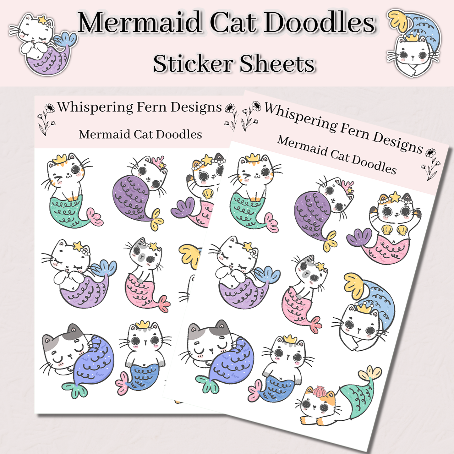 Cute Cat Mermaid Doodles Sticker Sheet – Whimsical Ocean Stickers for Planners, Scrapbooks & Crafts