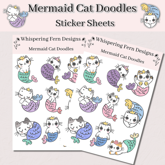Cute Cat Mermaid Doodles Sticker Sheet – Whimsical Ocean Stickers for Planners, Scrapbooks & Crafts