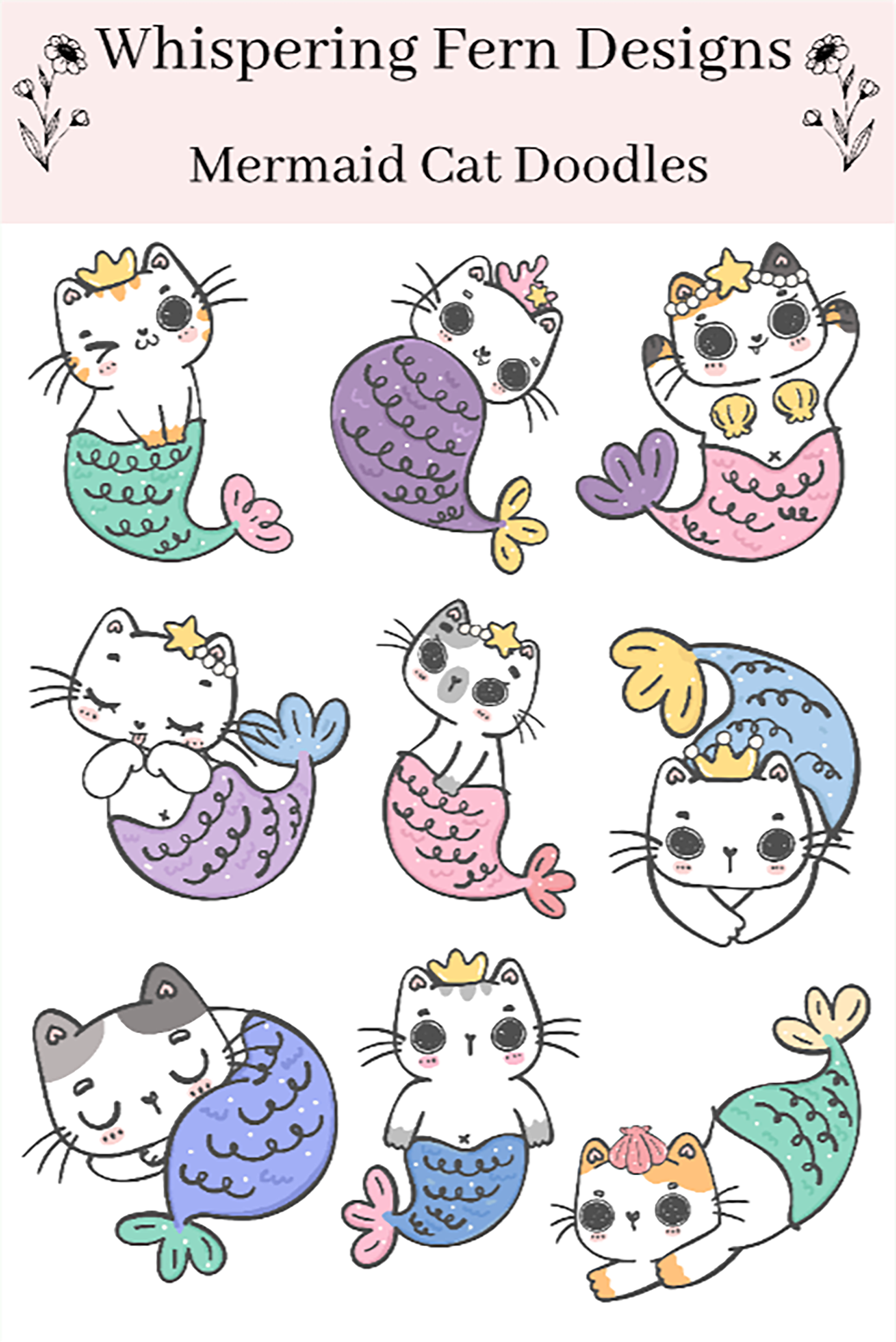 Cute Cat Mermaid Doodles Sticker Sheet – Whimsical Ocean Stickers for Planners, Scrapbooks & Crafts