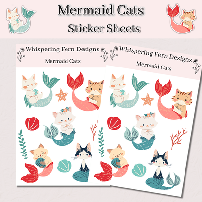 Cute Cat Mermaid Sticker Sheet – Adorable Ocean-Themed Stickers for Planners, Scrapbooks & Gifts
