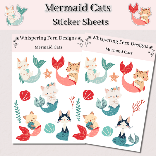 Cute Cat Mermaid Sticker Sheet – Adorable Ocean-Themed Stickers for Planners, Scrapbooks & Gifts