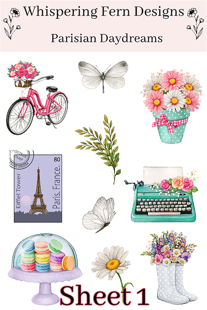 Parisian Daydreams Sticker Sheet | Cute Bicycles, Flowers, Macarons & More | Aesthetic Planner, Journal, Scrapbooking Stickers