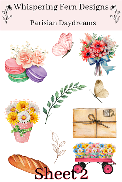Parisian Daydreams Sticker Sheet | Cute Bicycles, Flowers, Macarons & More | Aesthetic Planner, Journal, Scrapbooking Stickers
