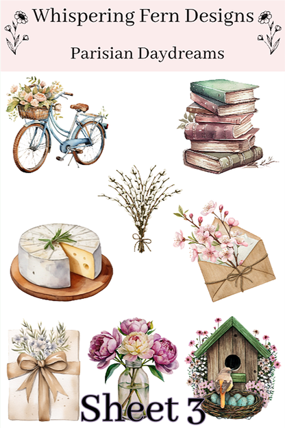 Parisian Daydreams Sticker Sheet | Cute Bicycles, Flowers, Macarons & More | Aesthetic Planner, Journal, Scrapbooking Stickers