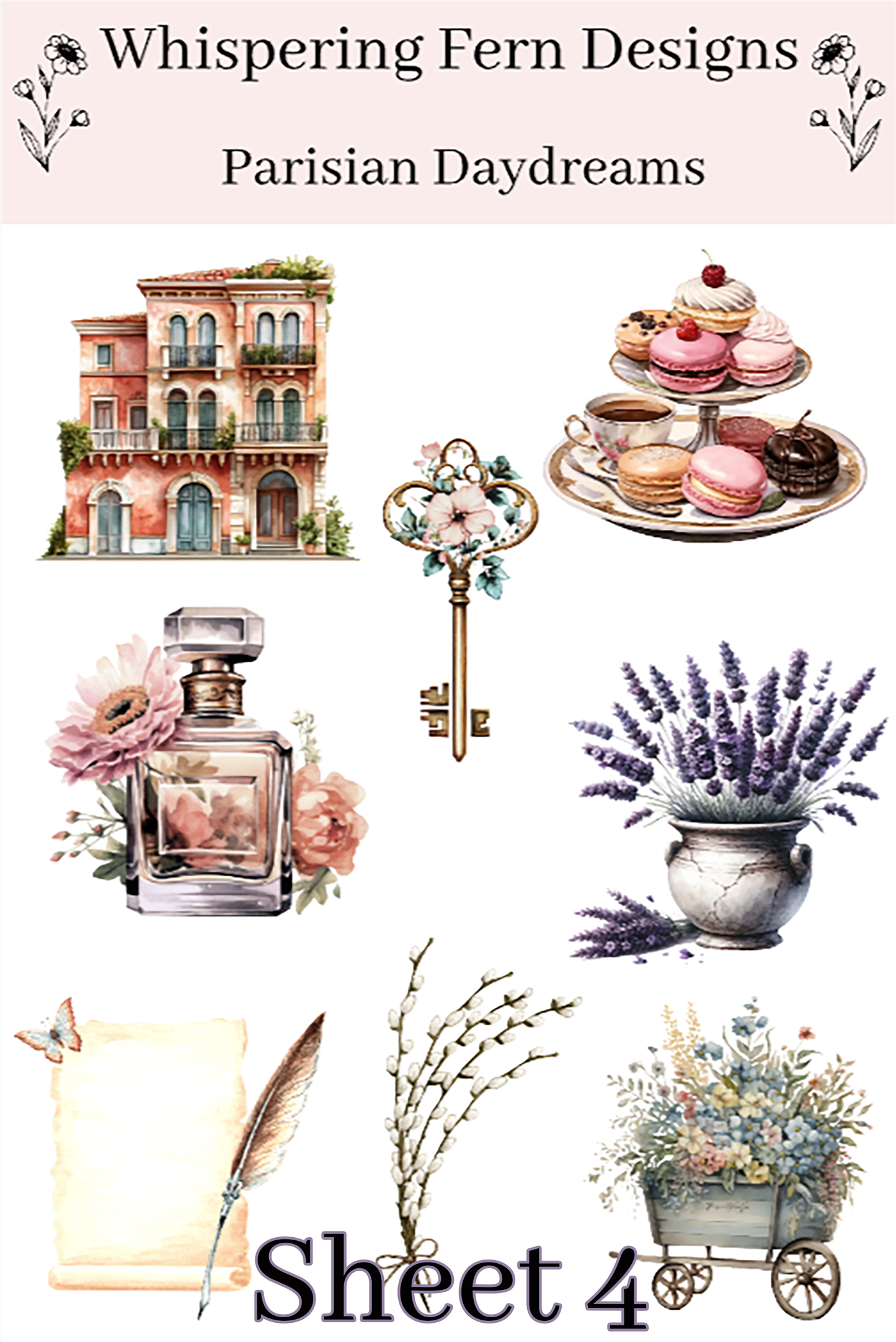 Parisian Daydreams Sticker Sheet | Cute Bicycles, Flowers, Macarons & More | Aesthetic Planner, Journal, Scrapbooking Stickers