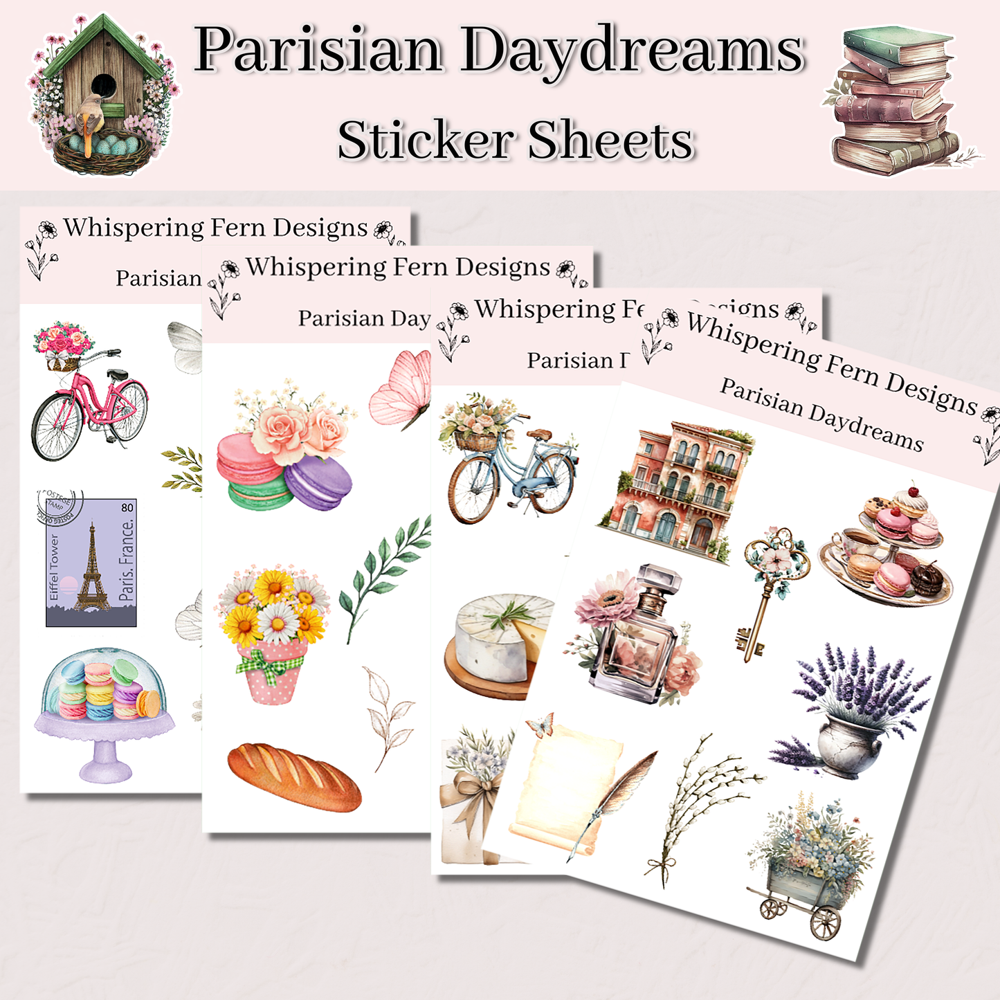 Parisian Daydreams Sticker Sheet | Cute Bicycles, Flowers, Macarons & More | Aesthetic Planner, Journal, Scrapbooking Stickers