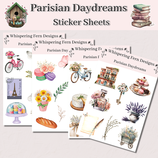 Parisian Daydreams Sticker Sheet | Cute Bicycles, Flowers, Macarons & More | Aesthetic Planner, Journal, Scrapbooking Stickers