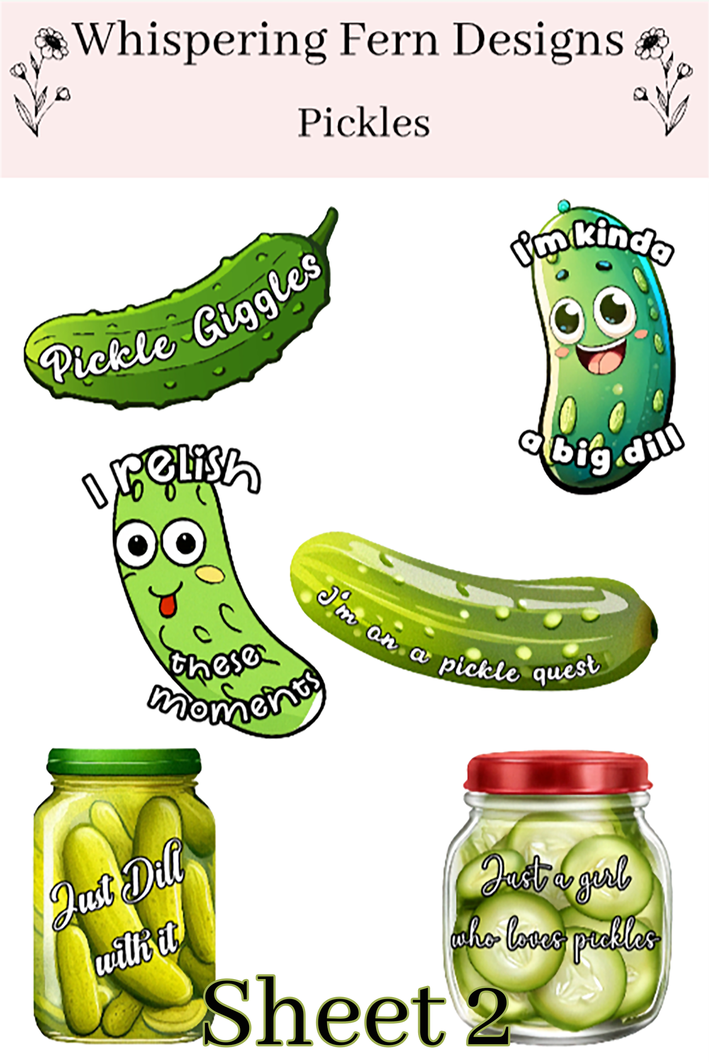 Pickle Sticker Sheet | Cute Pickles with Funny Sayings | Food Lovers Stickers | Planner, Scrapbook, Laptop, Journal Stickers